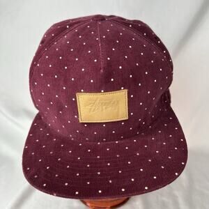 Stussy Corduroy Cap Leather Patch Strapback Hat Red/Burgandy Polka Dot